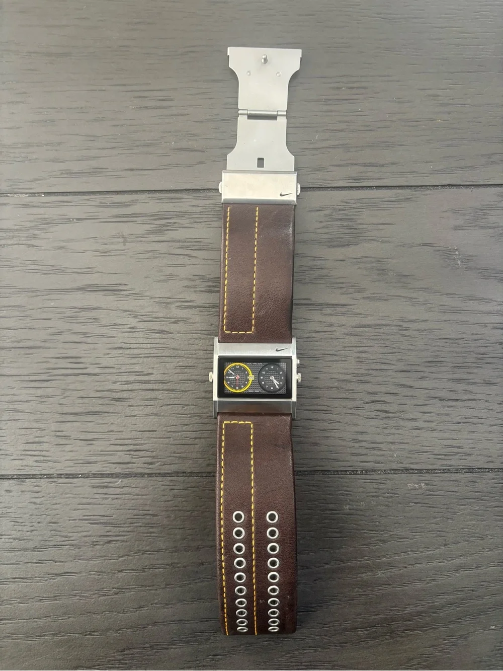 Nike WA0054 Oregon Dual Time Watch Y2K Brown Leather Cuff 100M Rare Vintage